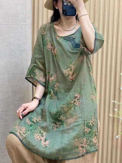 Women Summer Vintage Floral Ramie Spliced O-Neck Shirt WE1010