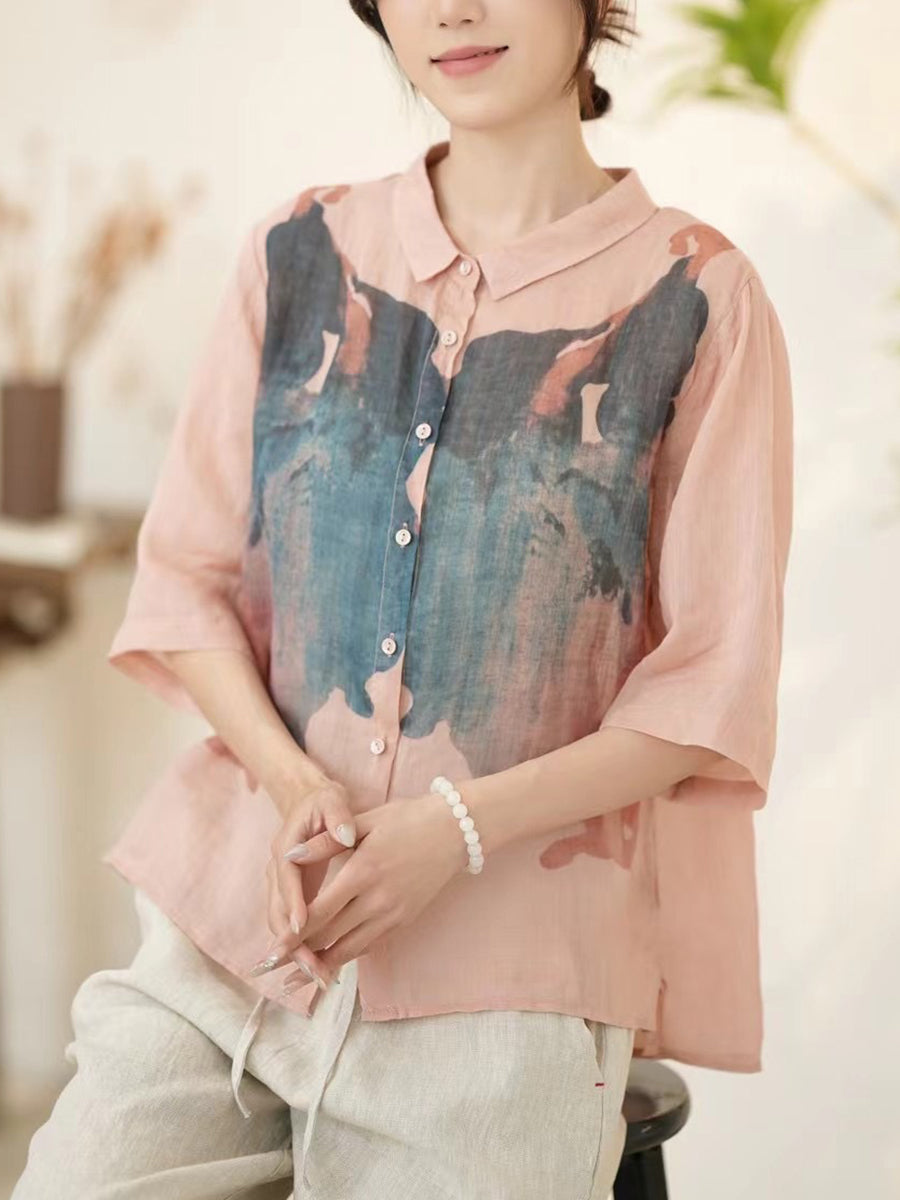 Women Summer Artsy Pink Ramie Button-up Shirt WE1011