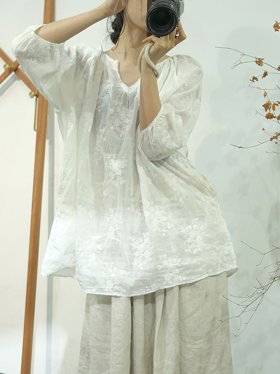Women Summer Artsy Floral Embroidery Linen Shirt WE1013
