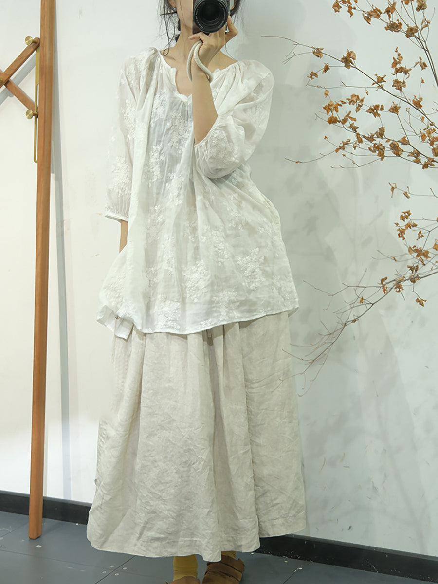 Women Summer Artsy Floral Embroidery Linen Shirt WE1013