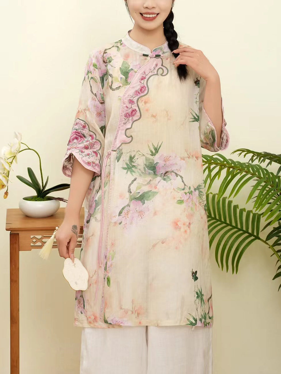 Women Summer Floral Ethnic Embroidery Ramie Shirt WE1015