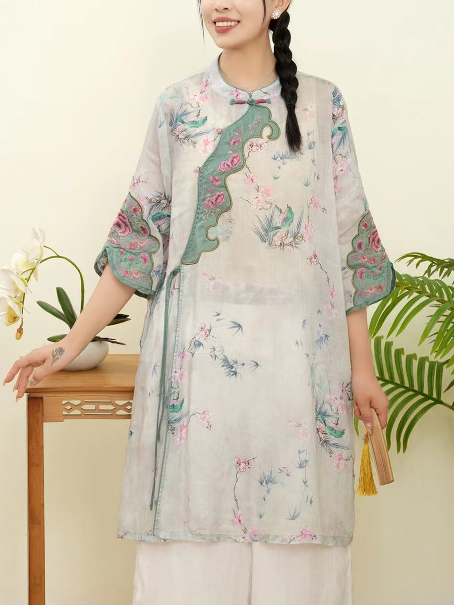 Chemise d'été en ramie à broderies ethniques florales pour femmes WE1015