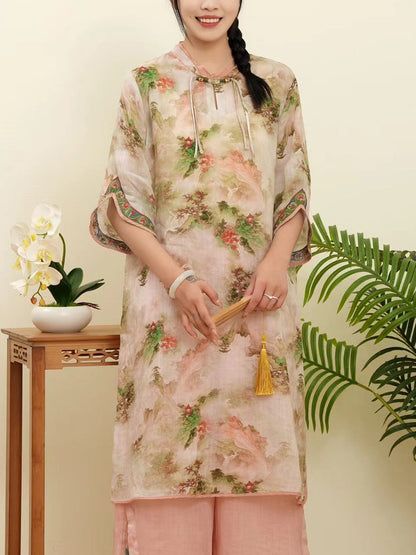 Women Summer Floral Ethnic Embroidery Ramie Shirt WE1015