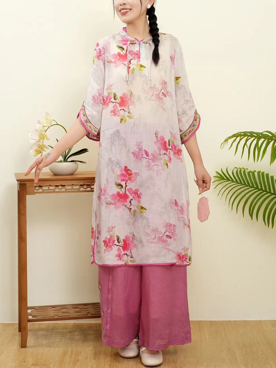 Women Summer Floral Ethnic Embroidery Ramie Shirt WE1015