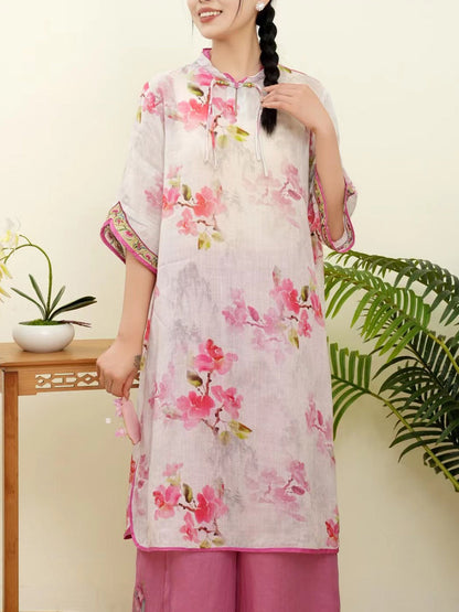 Women Summer Floral Ethnic Embroidery Ramie Shirt WE1015