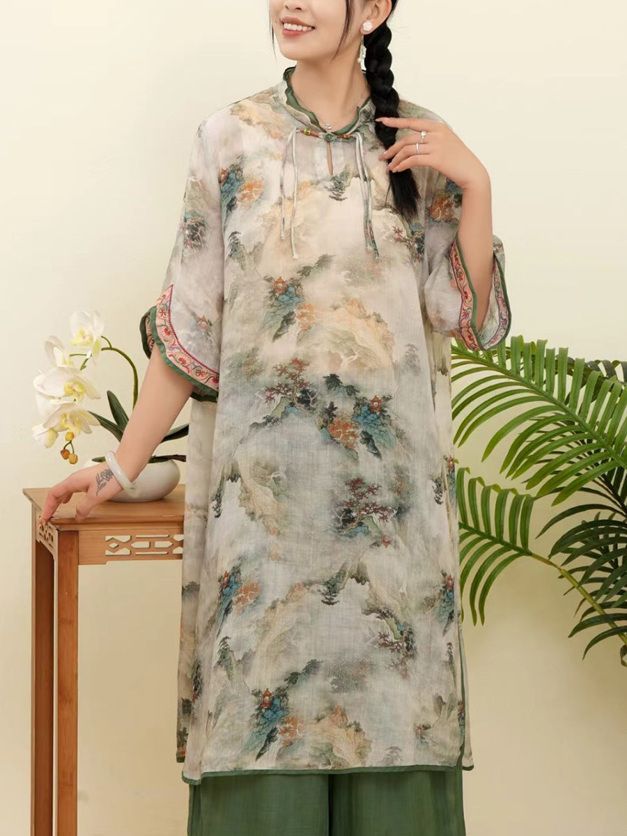 Women Summer Floral Ethnic Embroidery Ramie Shirt WE1015