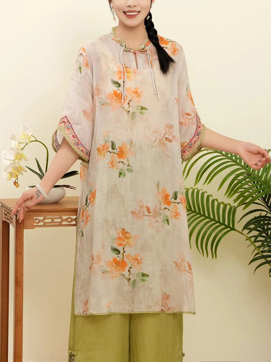 Women Summer Floral Ethnic Embroidery Ramie Shirt WE1015