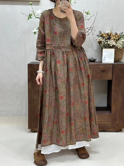 Women Summer Retro Spliced Flower Ramie Dress WE1016