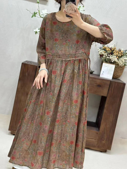 Women Summer Retro Spliced Flower Ramie Dress WE1016