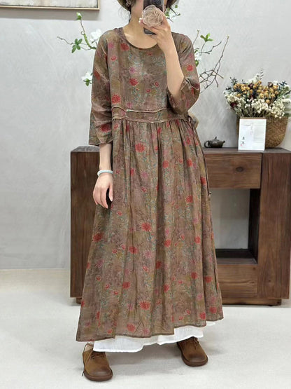 Women Summer Retro Spliced Flower Ramie Dress WE1016