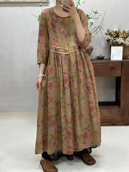 Women Summer Retro Spliced Flower Ramie Dress WE1016