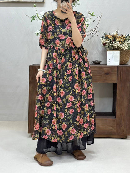 Women Summer Artsy Flower Spliced O-Neck Ramie Dress WE1017