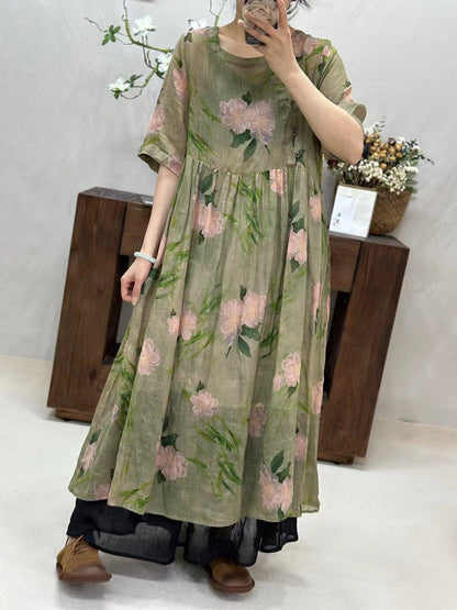 Women Summer Artsy Flower Spliced O-Neck Ramie Dress WE1017