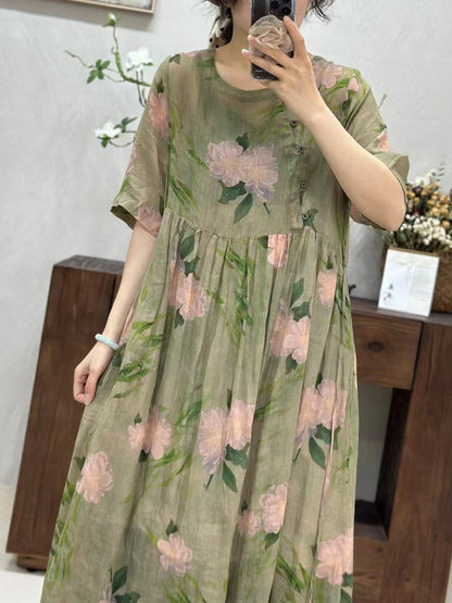 Women Summer Artsy Flower Spliced O-Neck Ramie Dress WE1017