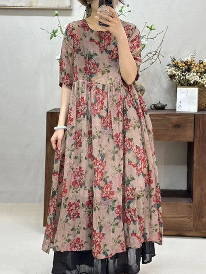 Women Summer Artsy Flower Spliced O-Neck Ramie Dress WE1017