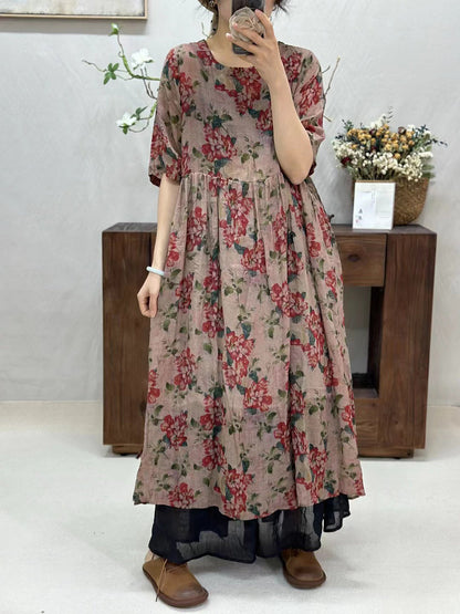 Women Summer Artsy Flower Spliced O-Neck Ramie Dress WE1017