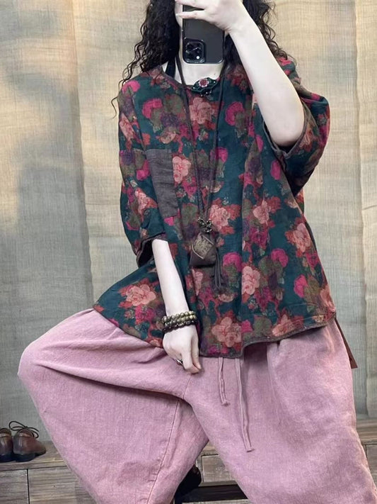 Women Summer Vintage Flower Print Linen Shirt WE1018