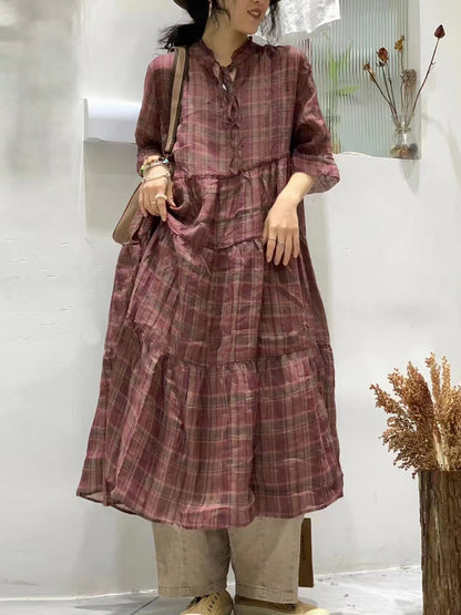 Women Summer Vintage Plaid Spliced Strap Ramie Dress WE1023