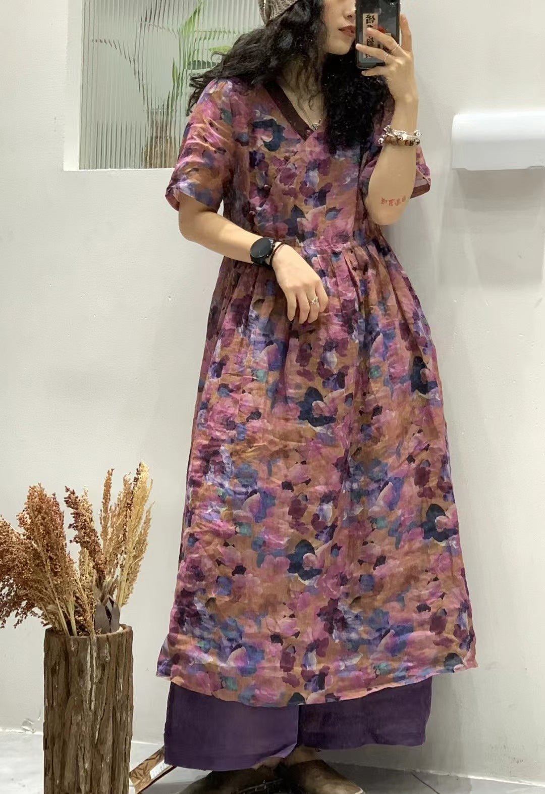 Robe d'été vintage à bretelles en ramie avec épissure de fleurs pour femmes WE1024