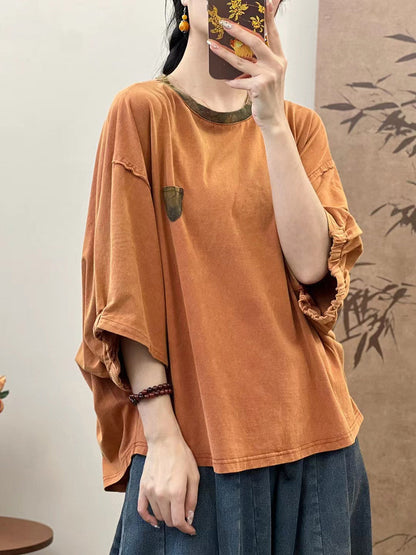 Women Summer Loose Spliced Cotton Pullover Shirt TY1050