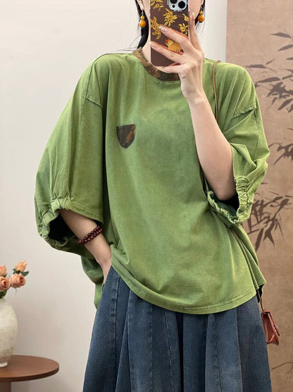 Women Summer Loose Spliced Cotton Pullover Shirt TY1050