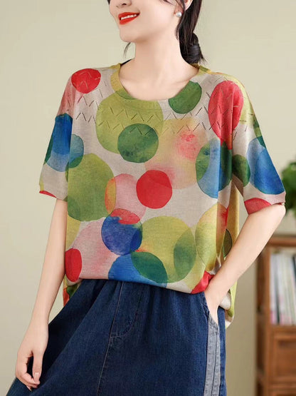 Women Summer Vintage Print Cutout O-Neck Shirt TY1047