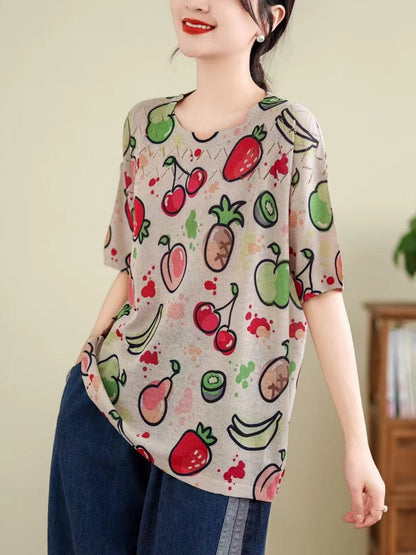 Women Summer Vintage Print Cutout O-Neck Shirt TY1047