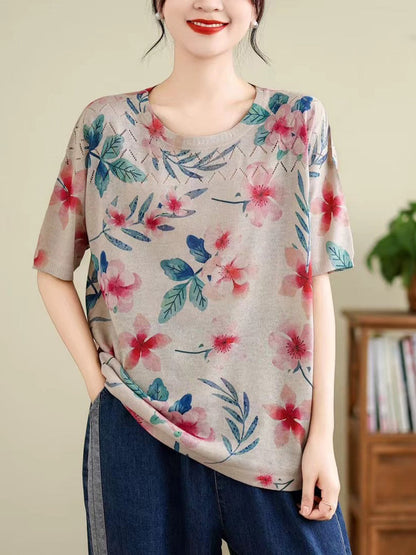 Women Summer Vintage Print Cutout O-Neck Shirt TY1047