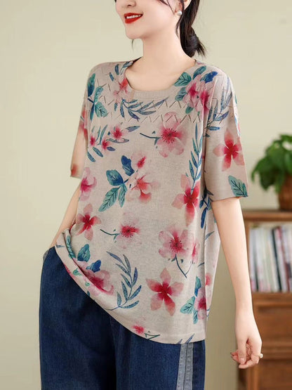 Women Summer Vintage Print Cutout O-Neck Shirt TY1047