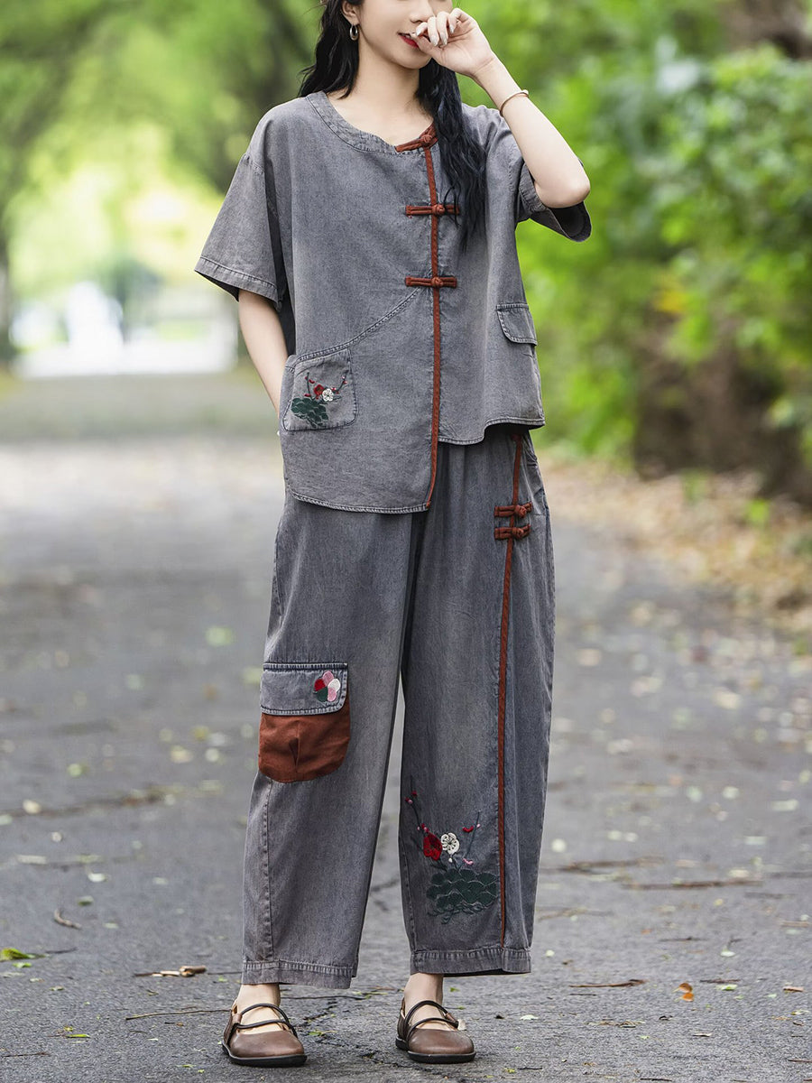 Women Summer Retro Spliced Embroidery Denim Suits TY1037