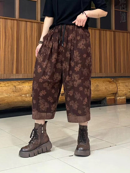 Women Summer Retro Spliced Linen Calf-length Pants TY1039