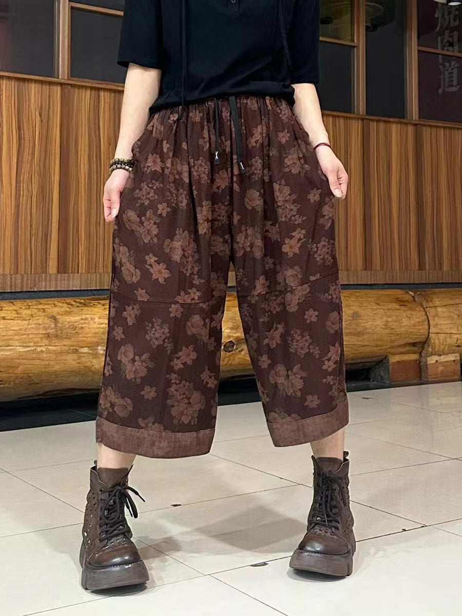 Women Summer Retro Spliced Linen Calf-length Pants TY1039