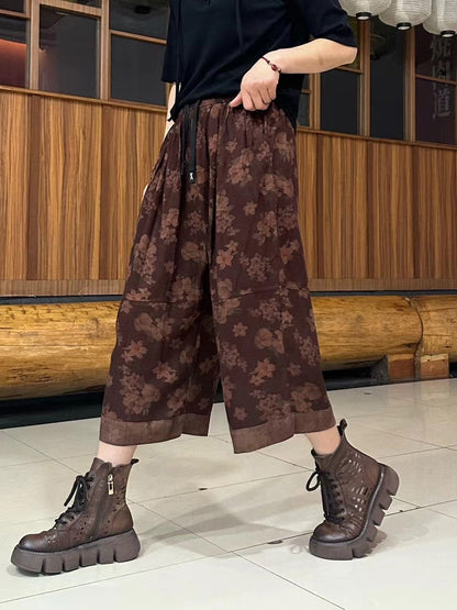 Women Summer Retro Spliced Linen Calf-length Pants TY1039