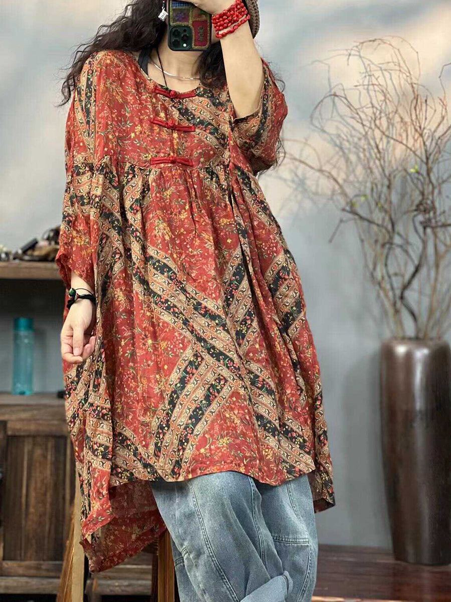 Plus Size Women Ethnic Print Summer 100%Ramie Dress TY1044