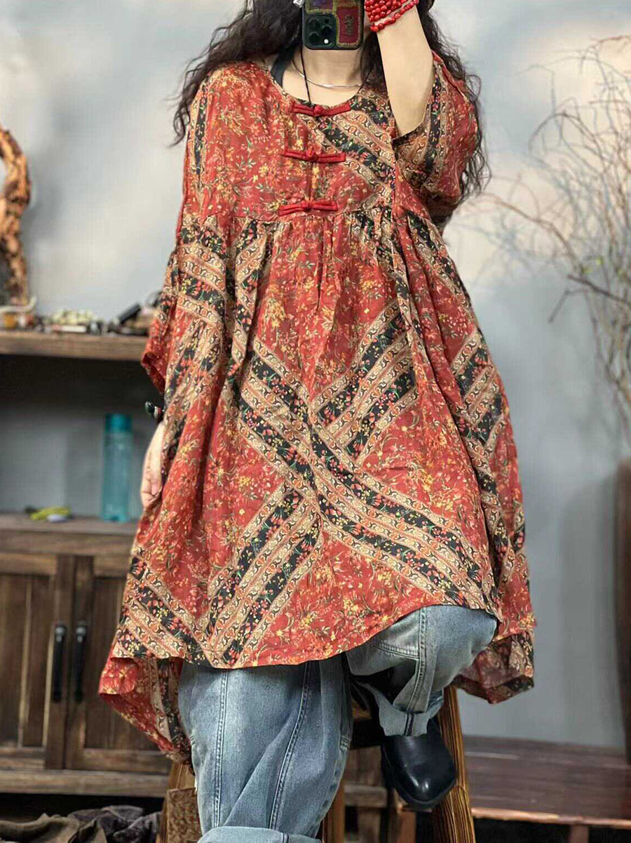 Plus Size Women Ethnic Print Summer 100%Ramie Dress TY1044