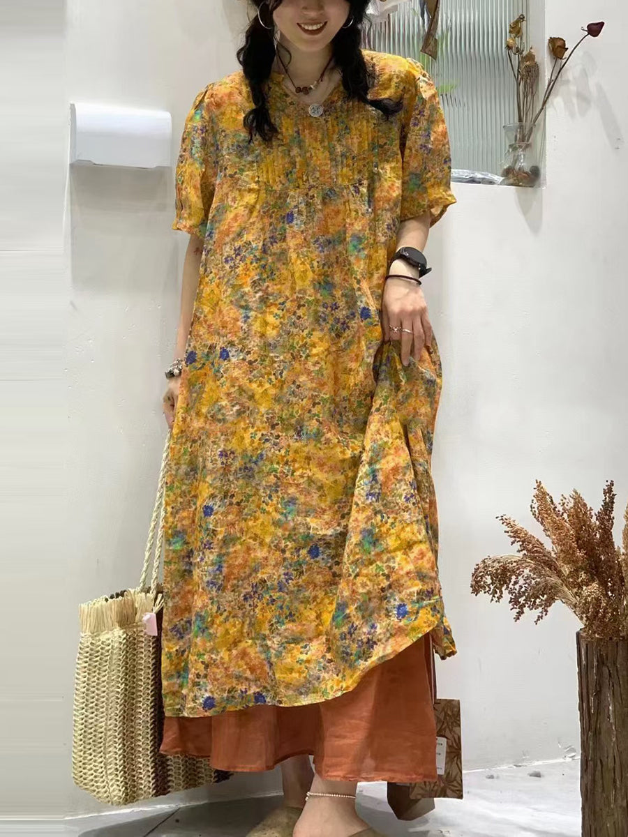 Robe d'été vintage à fleurs en ramie froncée pour femme TY1041