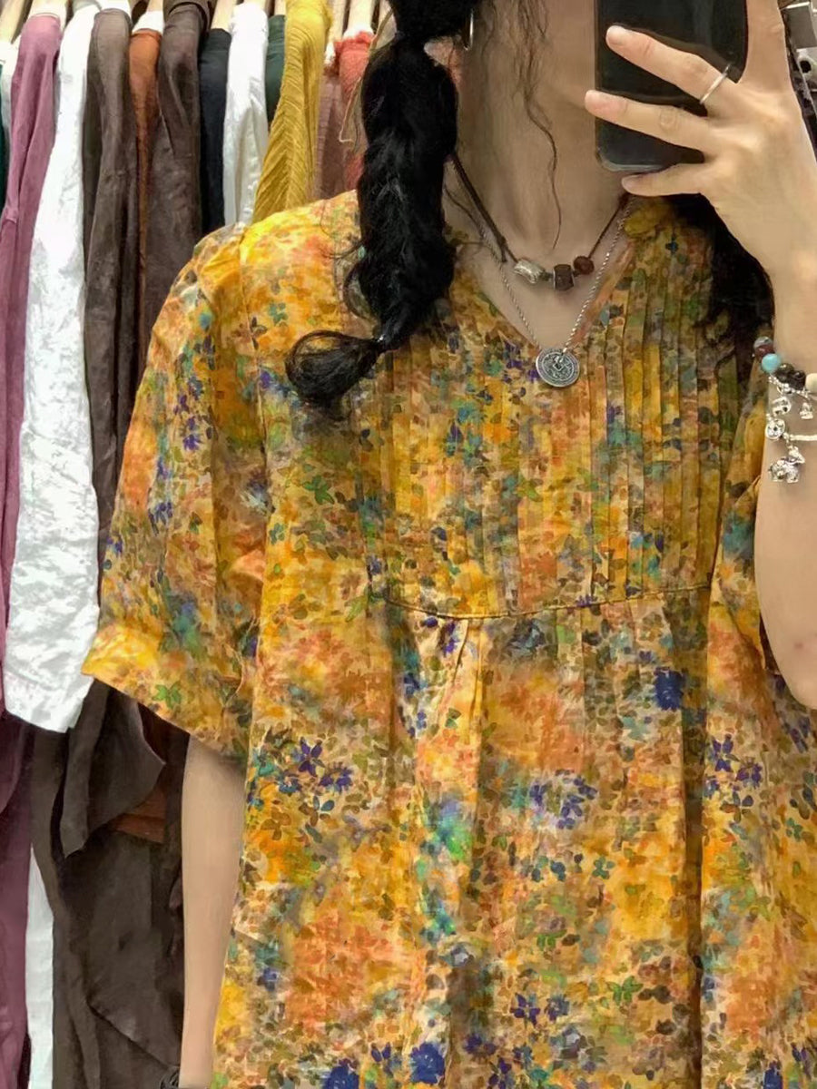 Robe d'été vintage à fleurs en ramie froncée pour femme TY1041