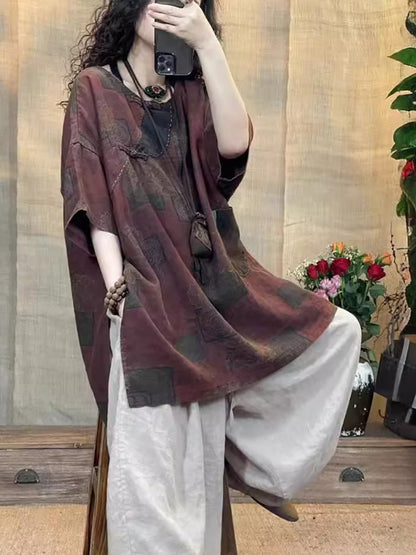 Women Summer Retro Spliced O-Neck Loose Linen Shirt TY1003