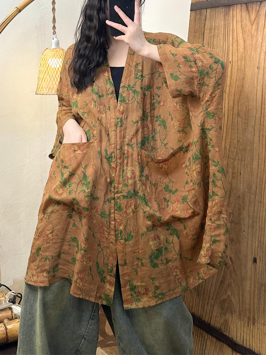 Women Summer Vintage Flower Loose Ramie Shirt Coat TY1012