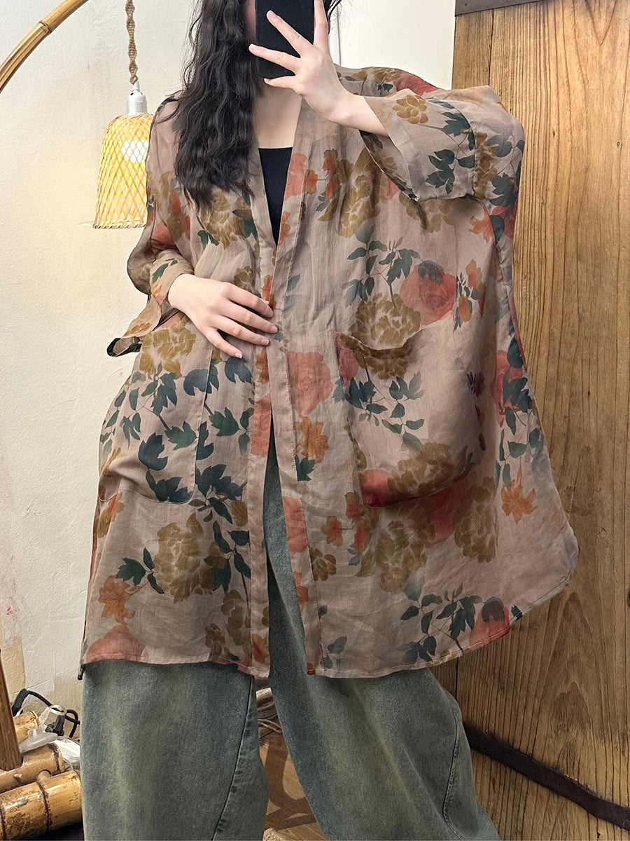 Women Summer Vintage Flower Loose Ramie Shirt Coat TY1012