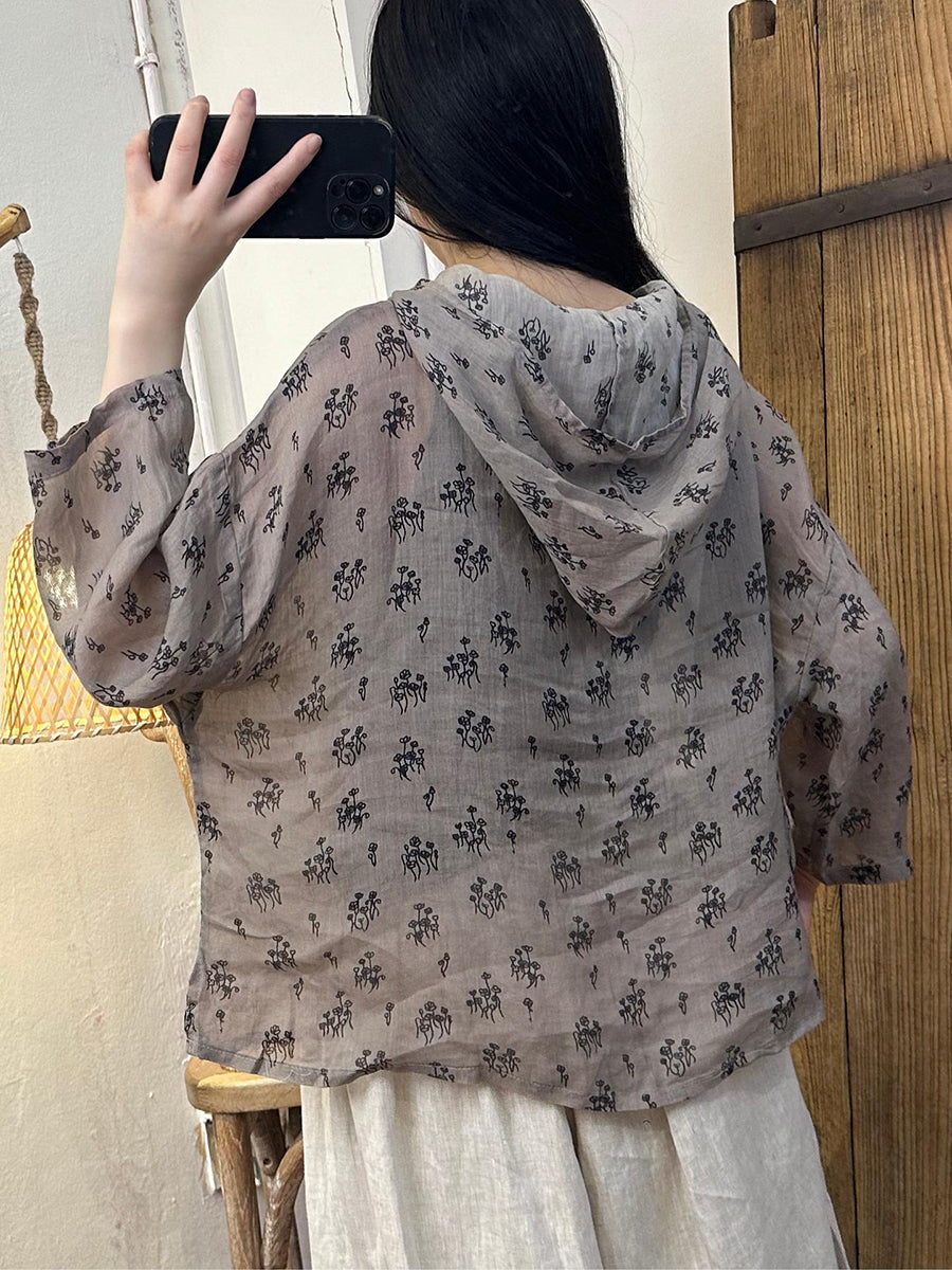 Chemise d'été à capuche en ramie à motif floral artistique pour femme TY1016