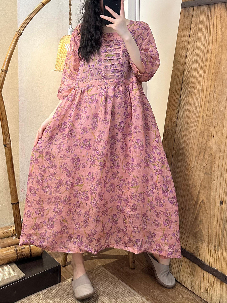 Robe d'été en lin à bretelles et motif floral pour femme TY1021