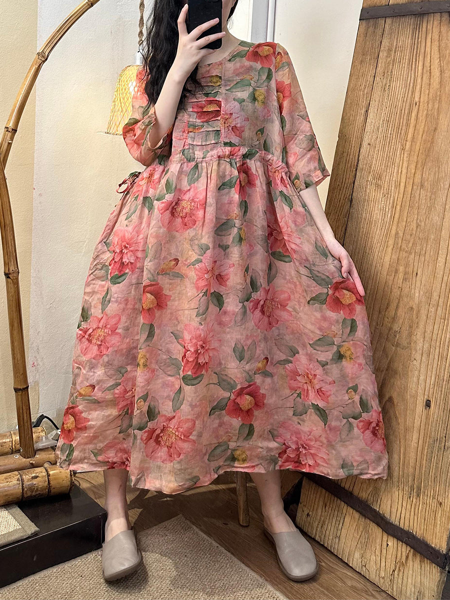 Robe d'été en lin à bretelles et motif floral pour femme TY1021