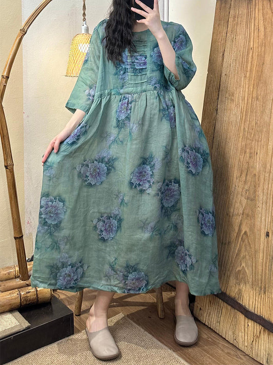 Robe d'été en lin à bretelles et motif floral pour femme TY1021