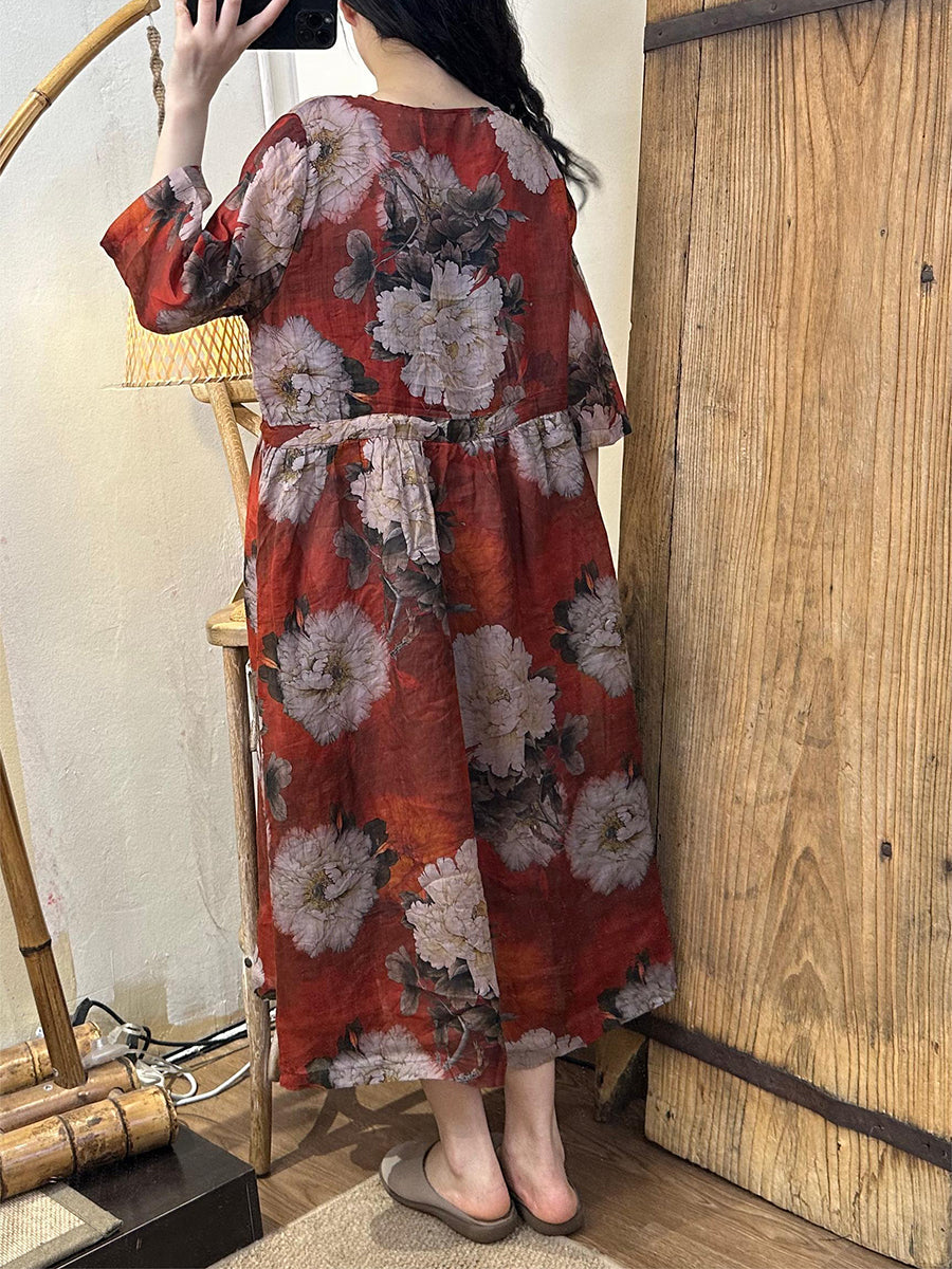 Robe d'été en lin à bretelles et motif floral pour femme TY1021