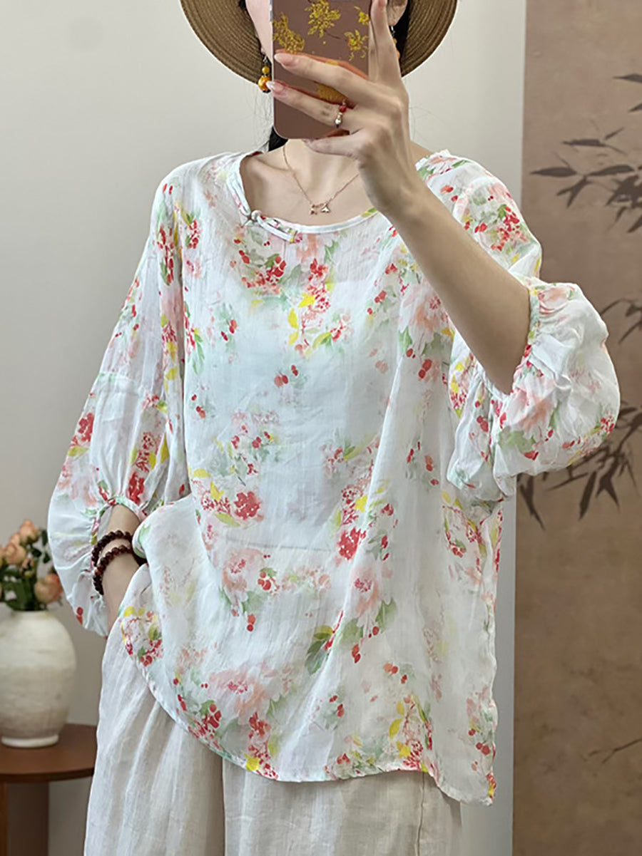 Chemise ample à imprimé floral pour femme, style arty, en ramie, UI1007