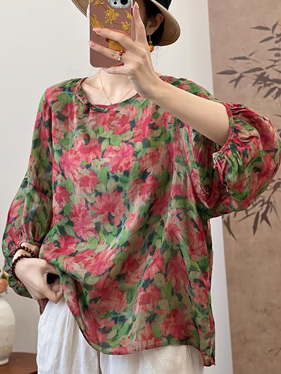 Chemise ample à imprimé floral pour femme, style arty, en ramie, UI1007