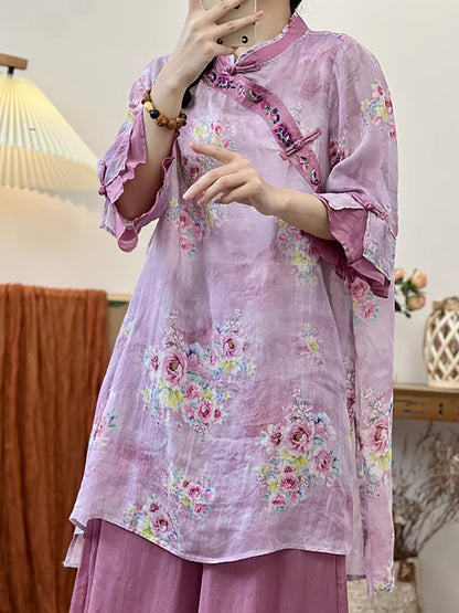 Women Summer Ethnic Flower Embroidery Ramie Shirt UI1006