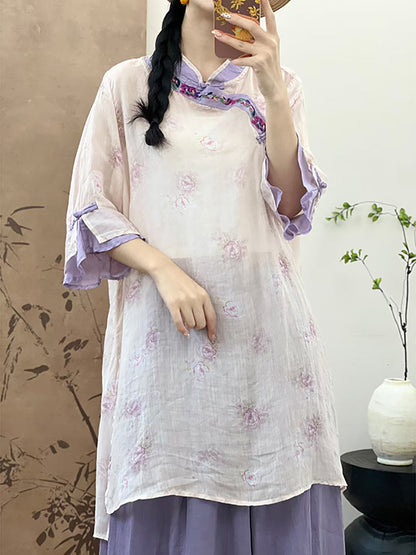 Women Summer Ethnic Flower Embroidery Ramie Shirt UI1006