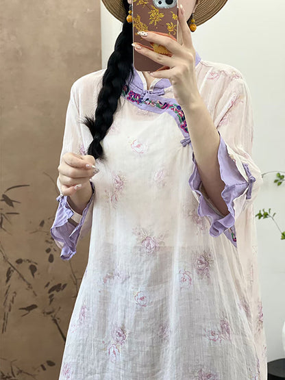 Women Summer Ethnic Flower Embroidery Ramie Shirt UI1006